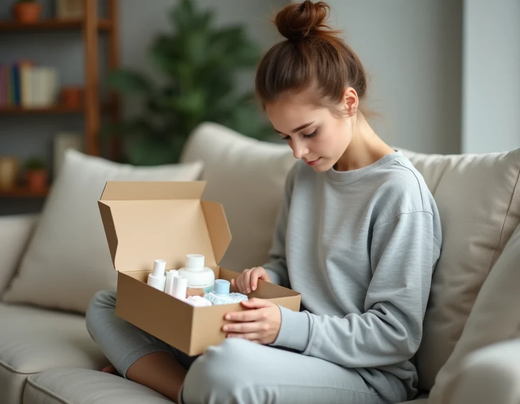 Jeune mère découvrant le contenu d'un coffret échantillon gratuit bébé sur son canapé à la maison