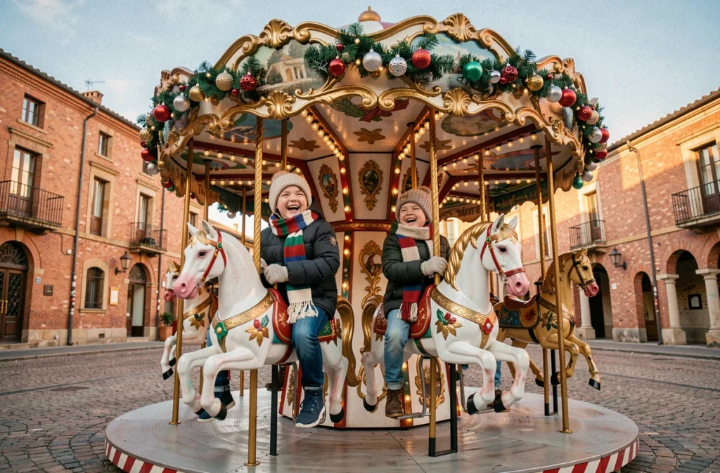 Enfants riant sur un manège de Noël vintage décoré dans une place publique de Toulouse en hiver