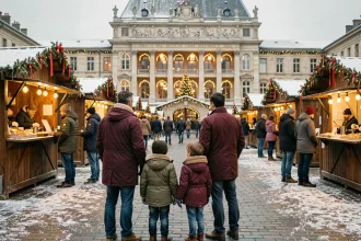 Famille avec enfants émerveillés devant le marché de Noël de la Place du Capitole à Toulouse en hiver
