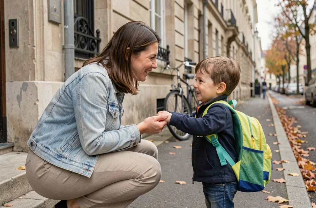 Mère accueillant son enfant le vendredi lors de la semaine de quatre jours à l'école maternelle