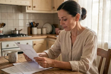 Mère de famille consultant des documents scolaires à la maison pour préparer la rentrée scolaire