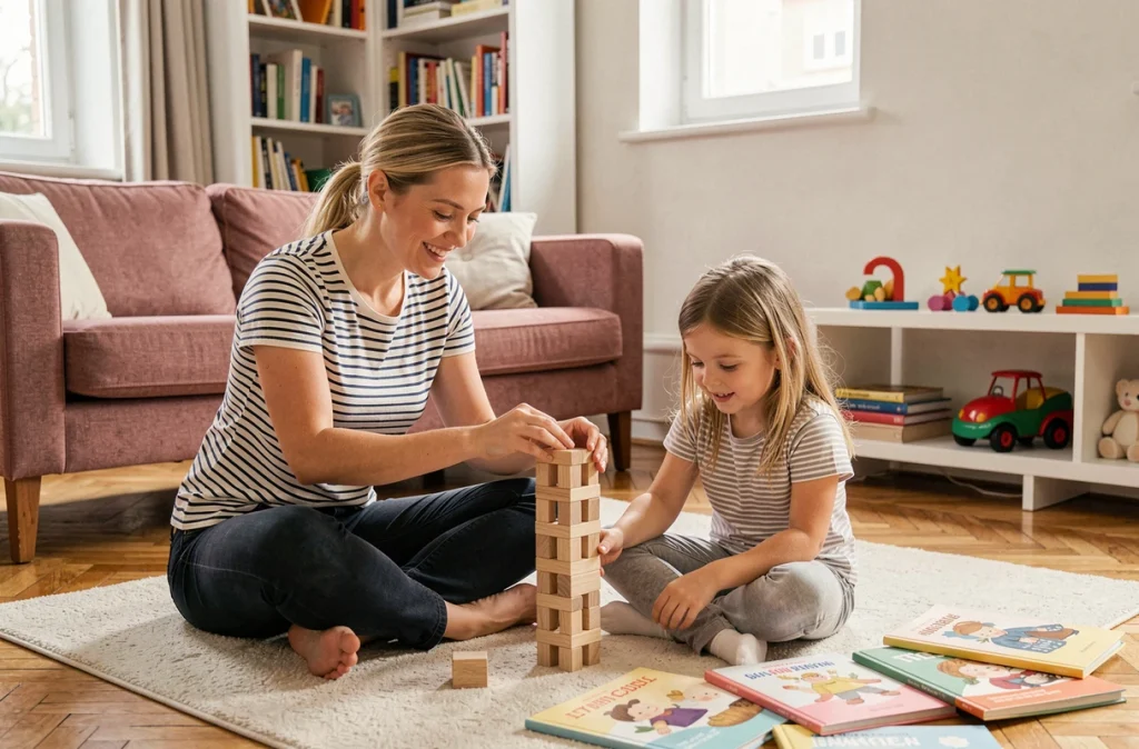 Mère et fille jouant ensemble dans un salon familial français, symbole de la parentalité impliquée et du partage des responsabilités