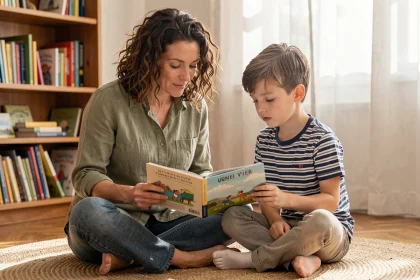 Une mère et son fils lisent ensemble un livre jeunesse engagé sur un parquet en bois dans un salon chaleureux rempli de livres