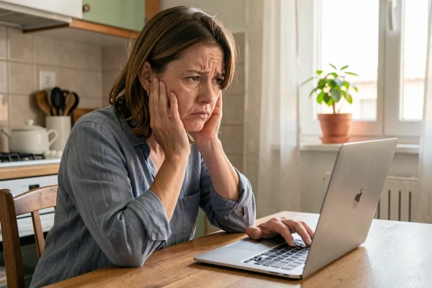 Mère frustrée devant son ordinateur portable tentant d'accéder au portail famille de Toulon