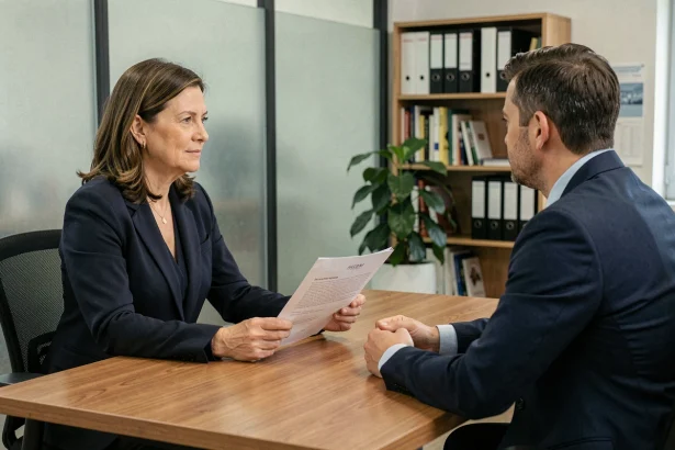 Employée en blazer marine discutant d'un congé pour enterrement avec son responsable RH dans un bureau professionnel