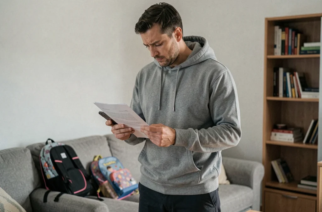 Parent isolé lisant un courrier officiel sur le versement du RSA dans un salon familial