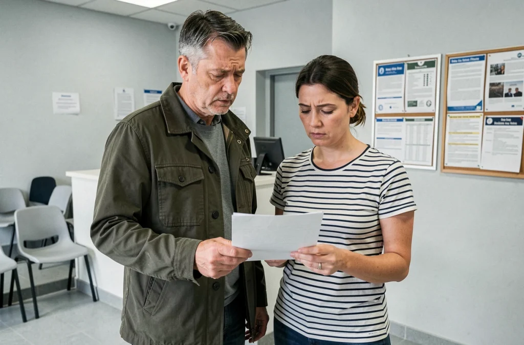Couple de parents consultant un document dans la salle d'attente d'un service municipal à Toulon