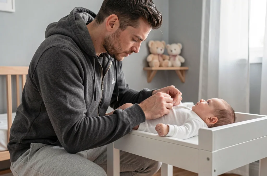 Père changeant son bébé dans la chambre d'enfant pendant son congé paternité allongé