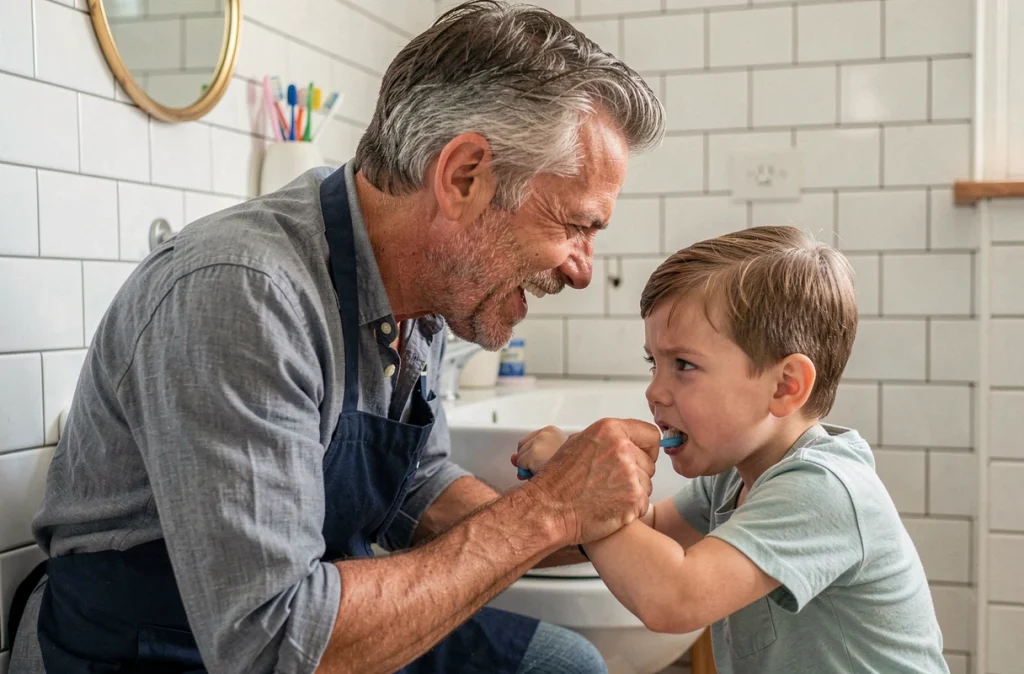 Père aidant son fils à se brosser les dents dans une salle de bain familiale, illustrant la parentalité active au quotidien