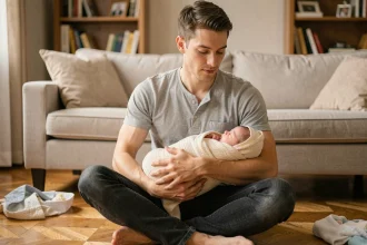 Jeune père tenant son nouveau-né dans ses bras à la maison pendant le congé paternité