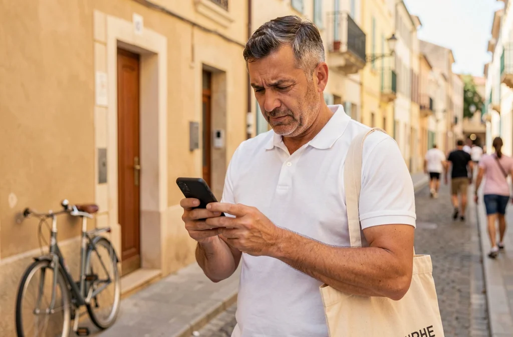 Père consultant son smartphone dans une rue de Toulon pour accéder au portail famille en ligne