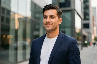 Portrait d'un homme confiant en blazer marine dans un environnement urbain moderne, regard naturel et posture assurée