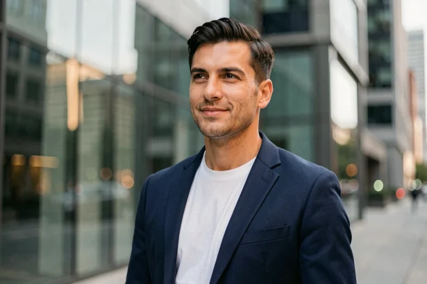 Portrait d'un homme confiant en blazer marine dans un environnement urbain moderne, regard naturel et posture assurée