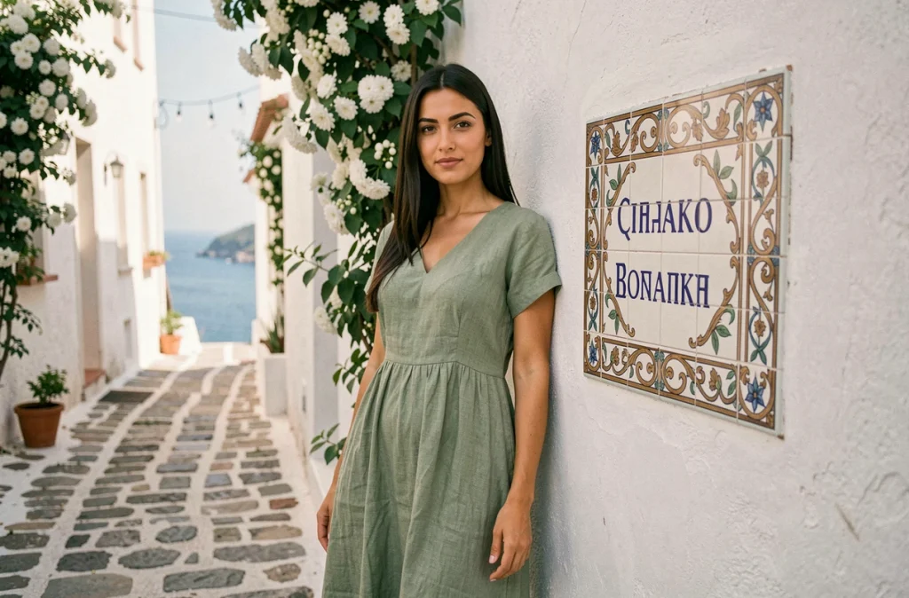 Femme en robe de lin vert sauge posant près d'une tuile céramique peinte avec un prénom grec féminin dans une ruelle blanchie à la chaux d'une île grecque
