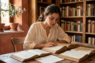 Jeune femme d'origine grecque consultant des ouvrages anciens sur les significations des prénoms grecs féminins dans une bibliothèque méditerranéenne chaleureuse