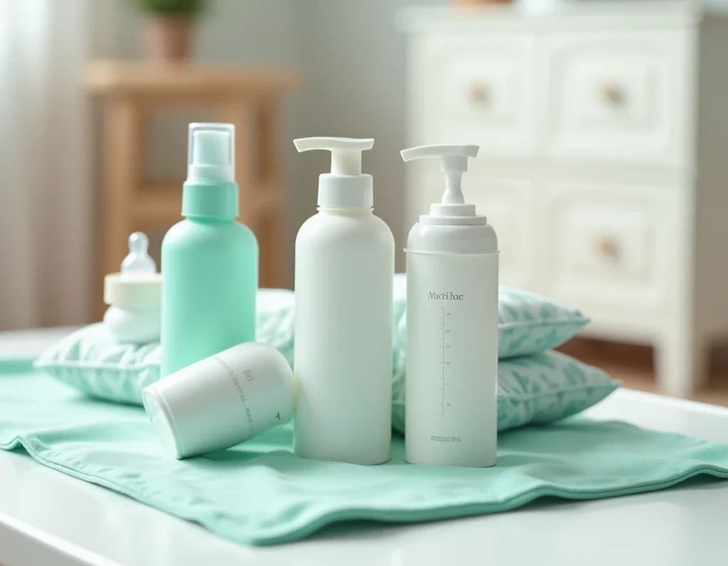 Produits échantillons bébé gratuits réunis sur un tapis à langer dans une chambre de bébé décorée