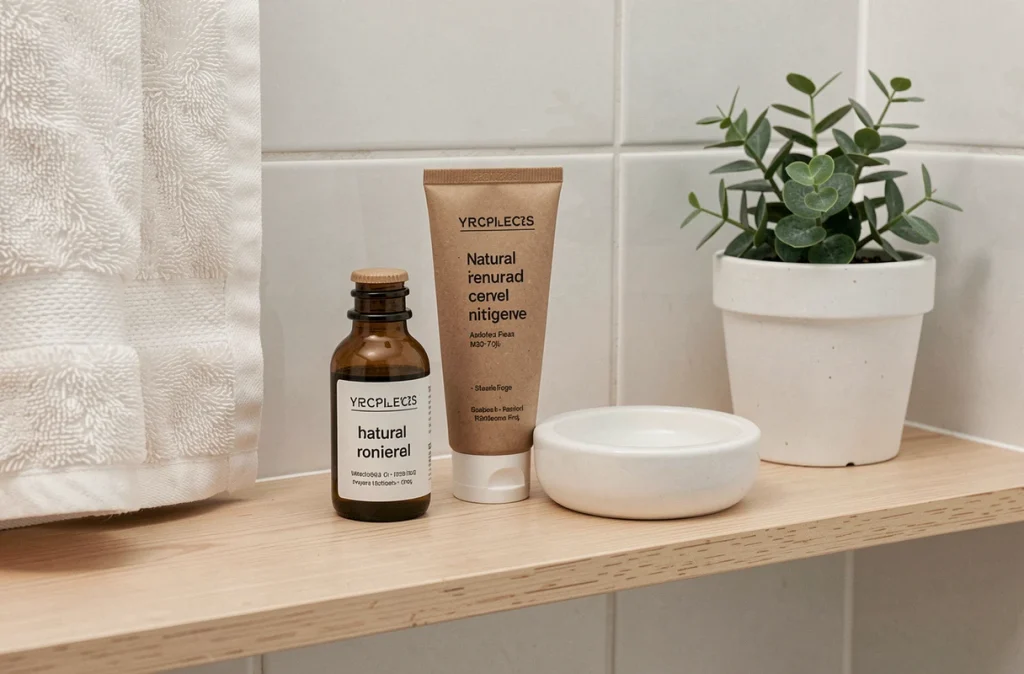 Gamme de produits d'hygiène naturels pour bébé avec étiquettes transparentes disposés sur une étagère en bois