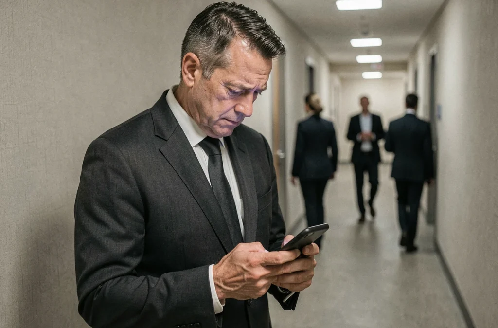 Homme en costume sombre consultant son téléphone dans un couloir d'entreprise après une demande de congé pour obsèques