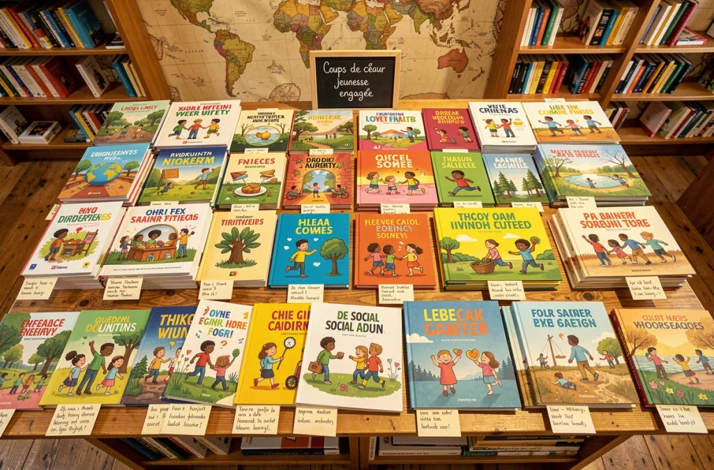 Table de présentation dans une librairie indépendante avec une sélection de livres jeunesse engagés sur la diversité et l'environnement