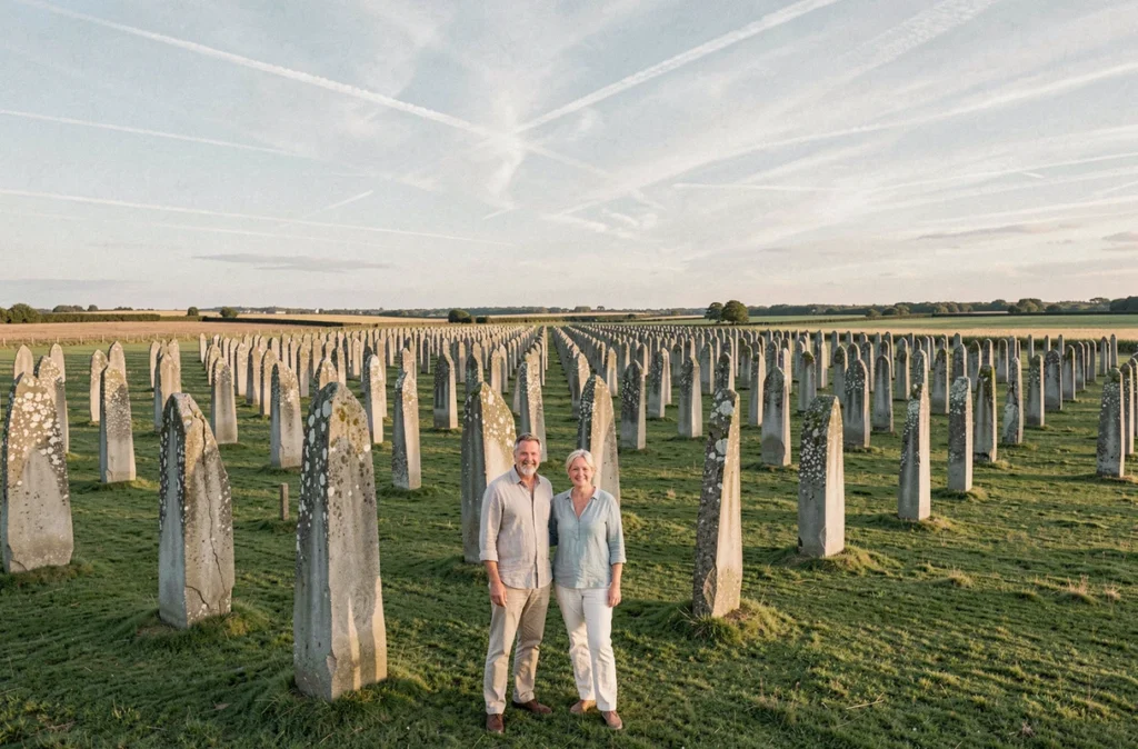 Couple admirant les rangées de menhirs des Alignements de Carnac dans un champ breton
