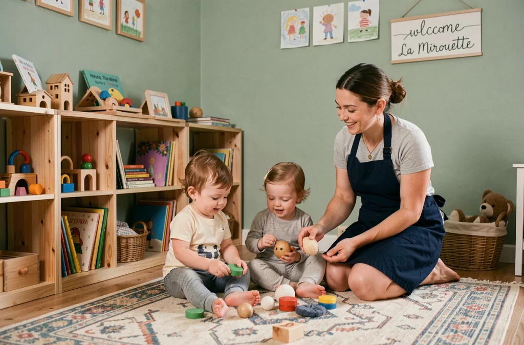 Espace convivial de l'association Petite Enfance La Mirouette avec des tout-petits explorant des jouets Montessori sous la supervision d'une éducatrice souriante