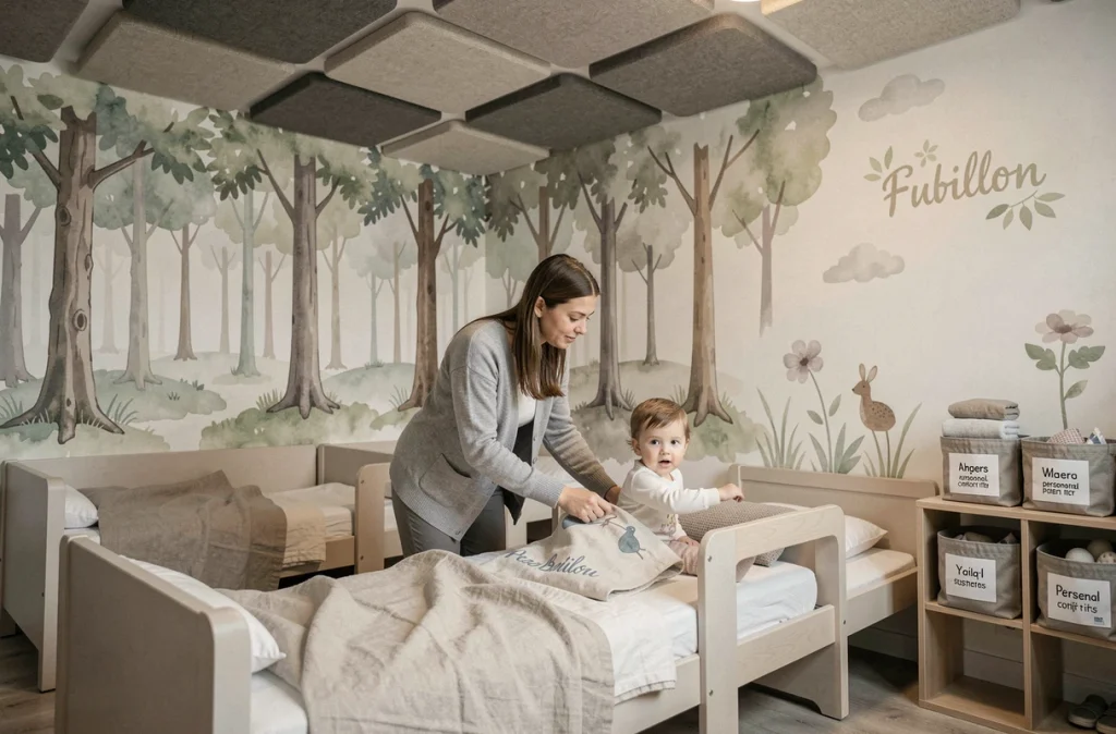 Salle de sieste apaisante de la crèche Babilou Angers Fulton avec une éducatrice installant tendrement un tout-petit sur un petit lit individuel devant une fresque murale forestière