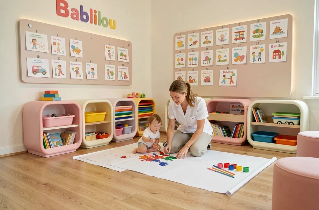 Coin créatif de la crèche Babilou Cholet Tracy où une éducatrice aide un tout-petit à peindre avec des peintures aux doigts dans un environnement moderne et coloré