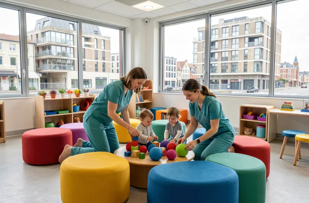 Salle de jeux colorée de la crèche Babilou Le Havre Antilles avec des éducatrices accompagnant des tout-petits