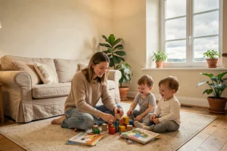 Scène chaleureuse d'une baby-sitter avec deux enfants en bas âge jouant dans un salon cosy des Pays de la Loire
