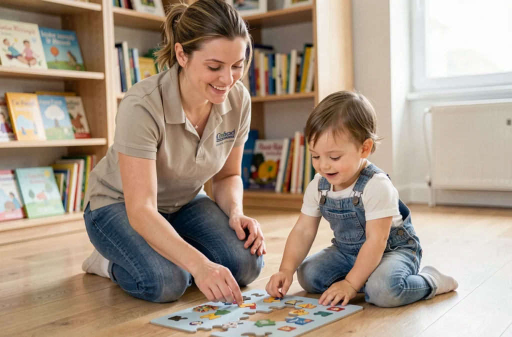 Intervenante de Babychou Services Pays de Retz accompagnant un enfant dans une activité de puzzle à domicile