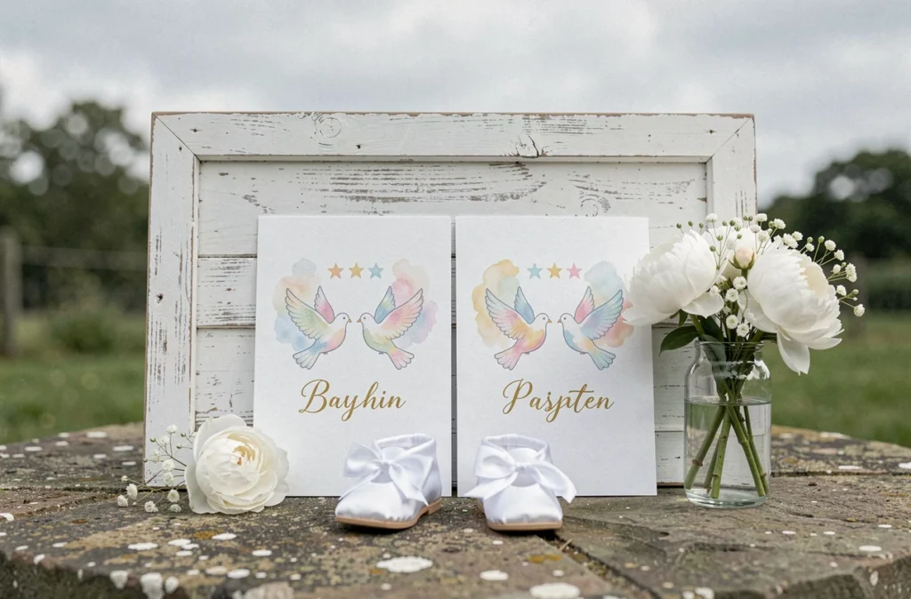 Deux cartes de baptême pour jumeaux décorées à l'aquarelle avec calligraphie dorée, présentées avec des pivoines blanches et des chaussons en satin