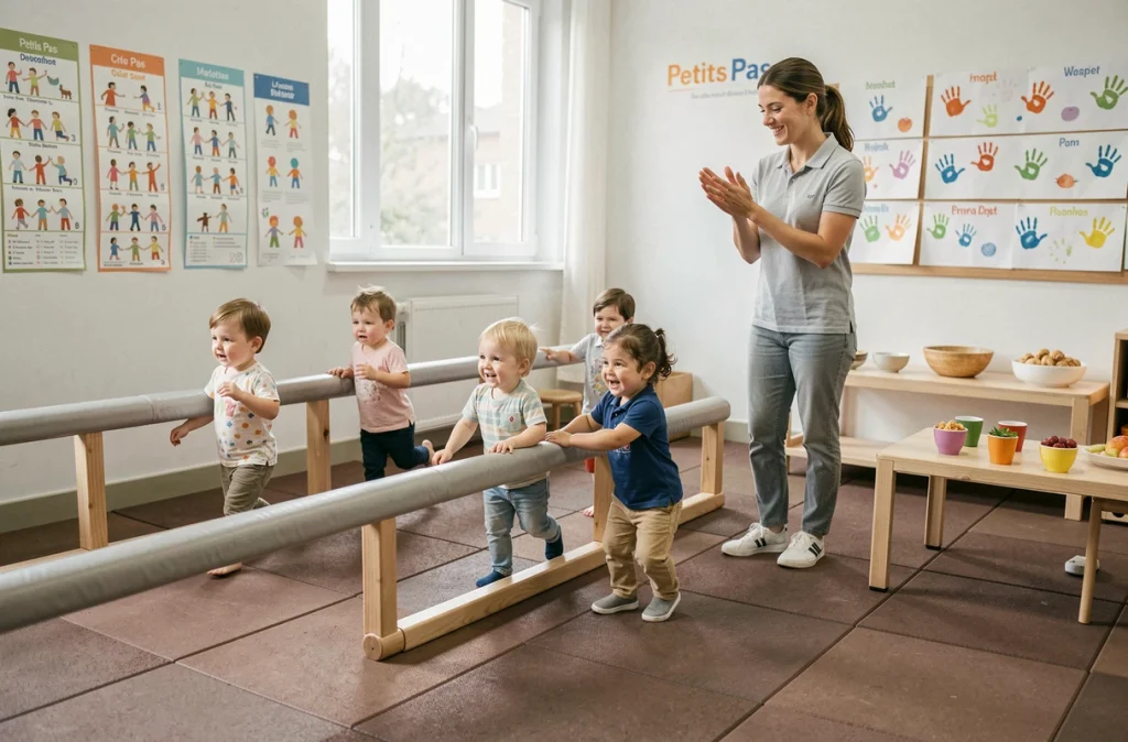 Salle de motricité du Centre Maternel Crèche Petits Pas où des tout-petits font leurs premiers pas encadrés par une éducatrice attentionnée