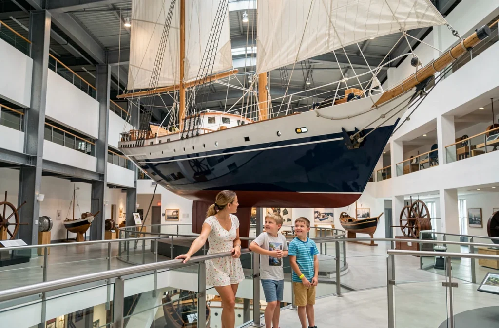 Mère et enfants observant un voilier exposé à la Cité de la Voile Éric Tabarly à Lorient