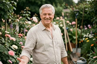 Portrait d'un homme aux cheveux argentés souriant dans un jardin fleuri, illustrant la vie discrète d'un compagnon de personnalité publique