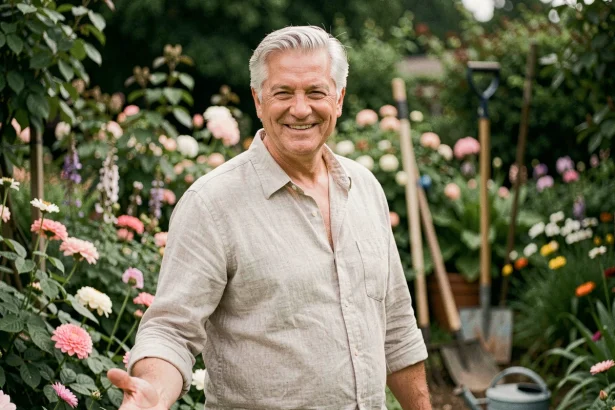 Portrait d'un homme aux cheveux argentés souriant dans un jardin fleuri, illustrant la vie discrète d'un compagnon de personnalité publique
