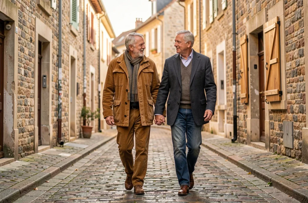 Couple discret se promenant main dans la main dans une rue pavée d'une ville de province française, symbolisant la vie privée préservée loin des médias