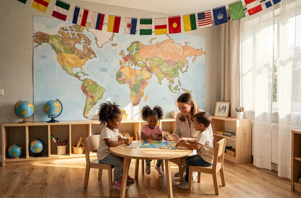 Salle d'activités de la crèche Le Monde et Petits avec une fresque murale représentant le monde et des tout-petits de diverses origines réalisant un puzzle ensemble