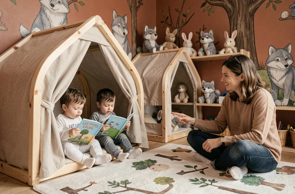 Coin lecture de la crèche Les P'tits Loups avec deux tout-petits installés dans une cabane en tissu lisant des albums cartonnés accompagnés d'une éducatrice souriante dans un décor de forêt