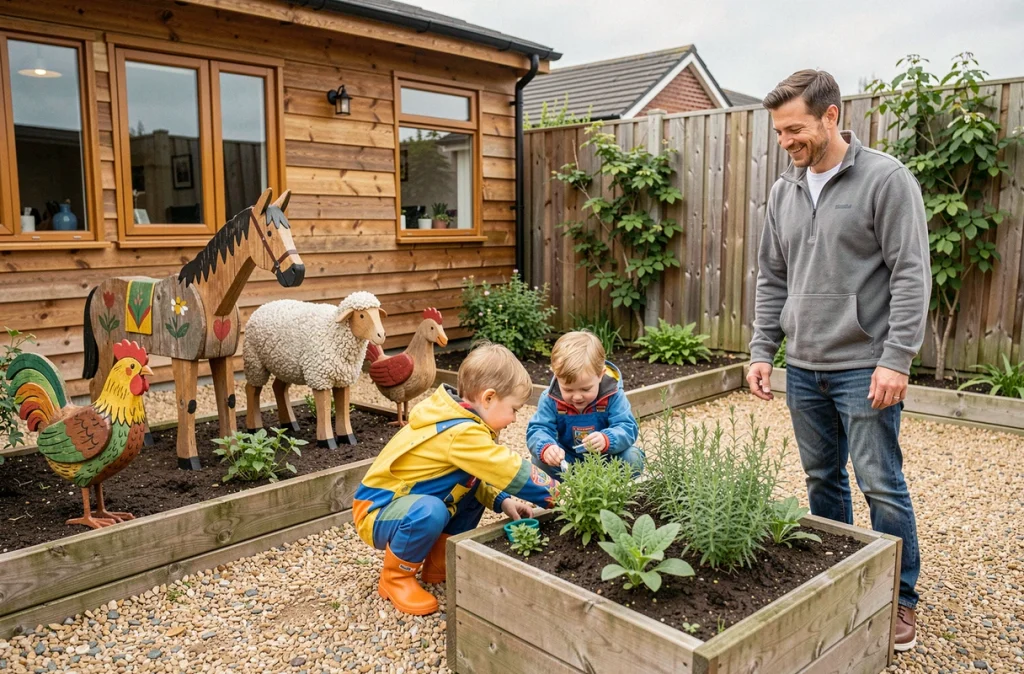 Aire de jeux extérieure de la crèche Little Paddock avec des tout-petits en surpantalons imperméables explorant un jardin potager entouré de sculptures animales en bois