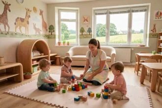 Intérieur accueillant d'une crèche en Normandie avec des enfants jouant sous la supervision d'une éducatrice bienveillante