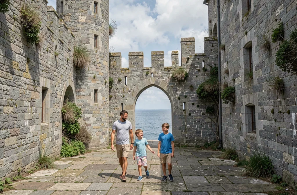 Famille explorant la cour intérieure du château médiéval du Domaine de Suscinio face à l'estuaire