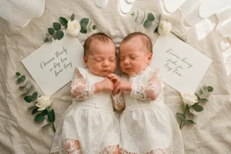 Deux bébés jumeaux en tenue de baptême blanche allongés côte à côte avec leurs cartes de baptême calligraphiées