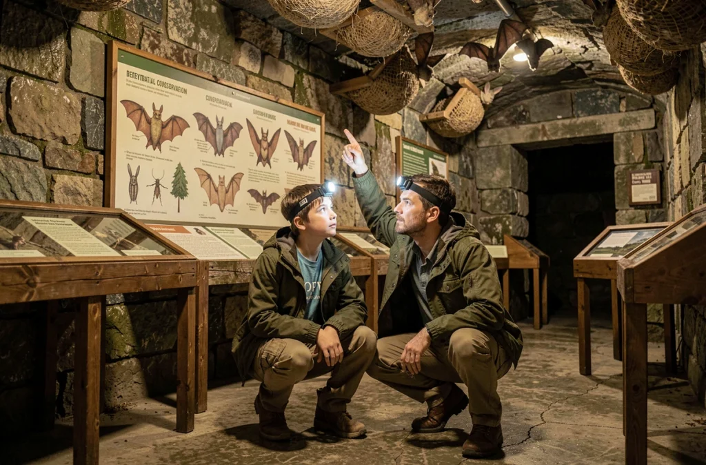 Père et fils explorant l'exposition sur les chauves-souris à la Maison de la Chauve-Souris dans le Morbihan
