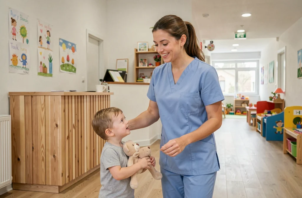 Entrée de la Maison de la Petite Enfance de l'Aurore à Saint-Lô avec une professionnelle accueillant un enfant