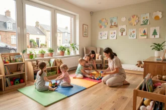 Intérieur chaleureux d'une crèche en Maine-et-Loire avec des tout-petits jouant sur des tapis colorés accompagnés par des éducatrices bienveillantes