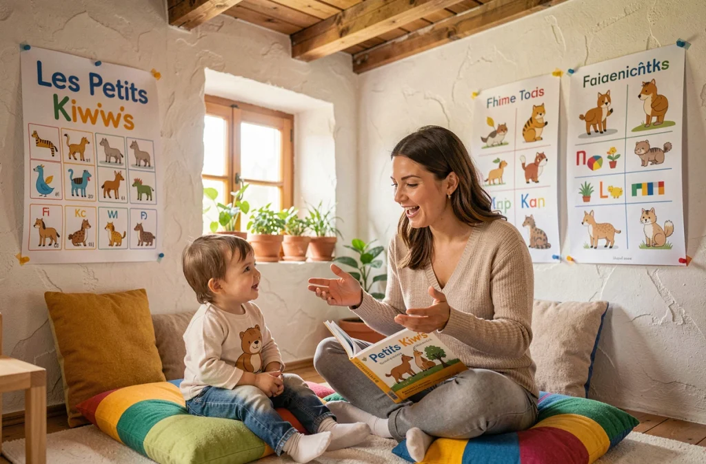 Éducatrice de la micro-crèche bilingue Les Petits Kiwis lisant un livre illustré bilingue à deux tout-petits assis sur des coussins colorés dans un cadre chaleureux