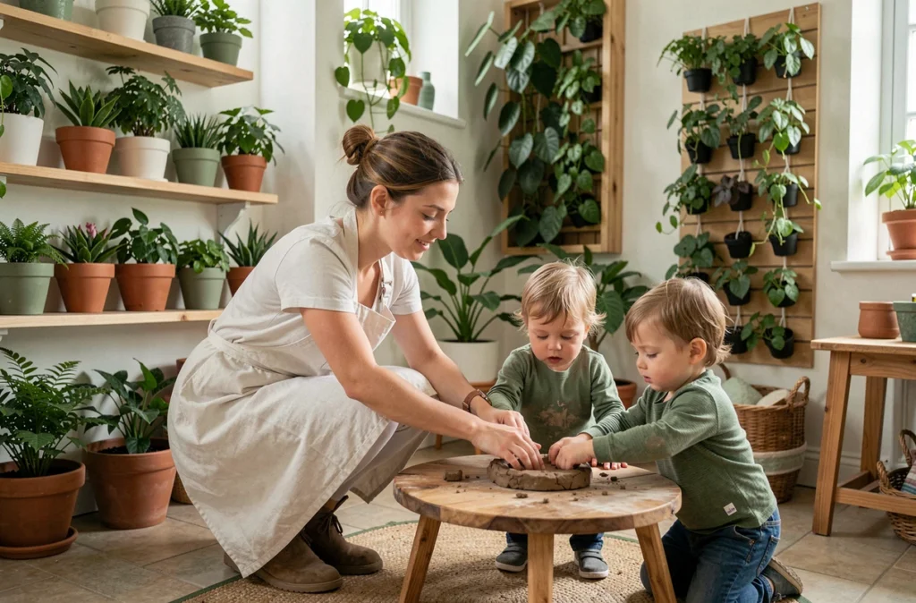 Éducatrice accompagnant des enfants dans une activité argile à la micro-crèche Les Jeunes Pousses de Nonancourt