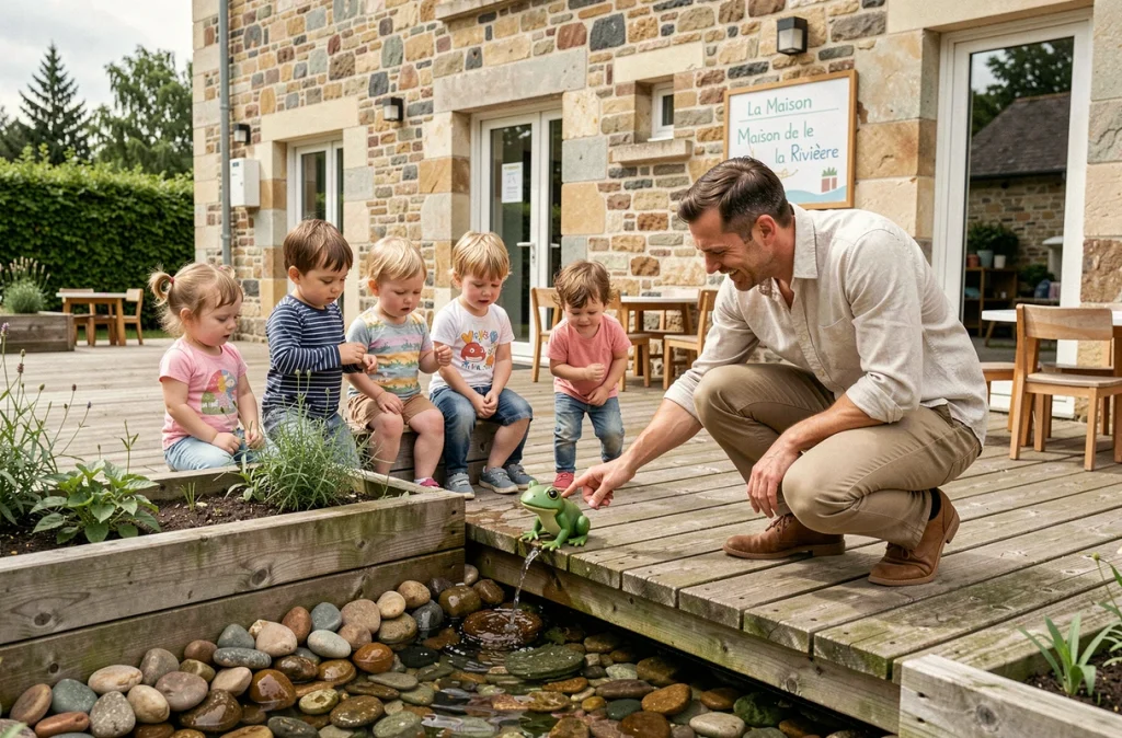 Terrasse nature du Multi-accueil La Maison de la Rivière avec des tout-petits explorant un petit bassin à pierres de rivière sous la guidance d'un éducateur au bord de l'eau