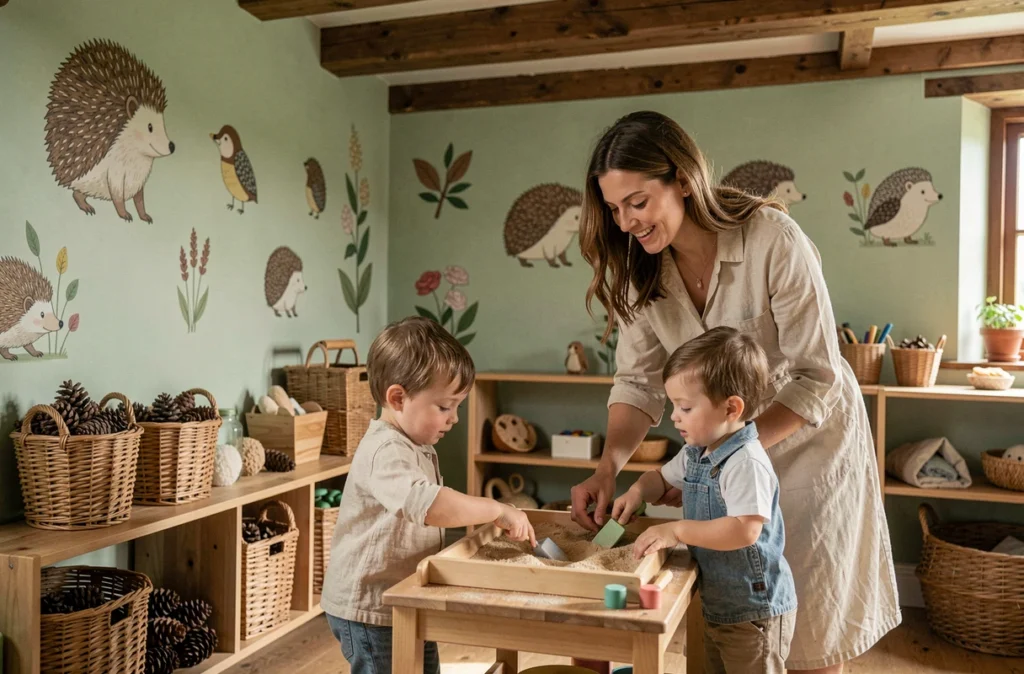 Éducatrice et enfants explorant des matières naturelles dans la micro-crèche Le Nid des Hérissons à Troarn
