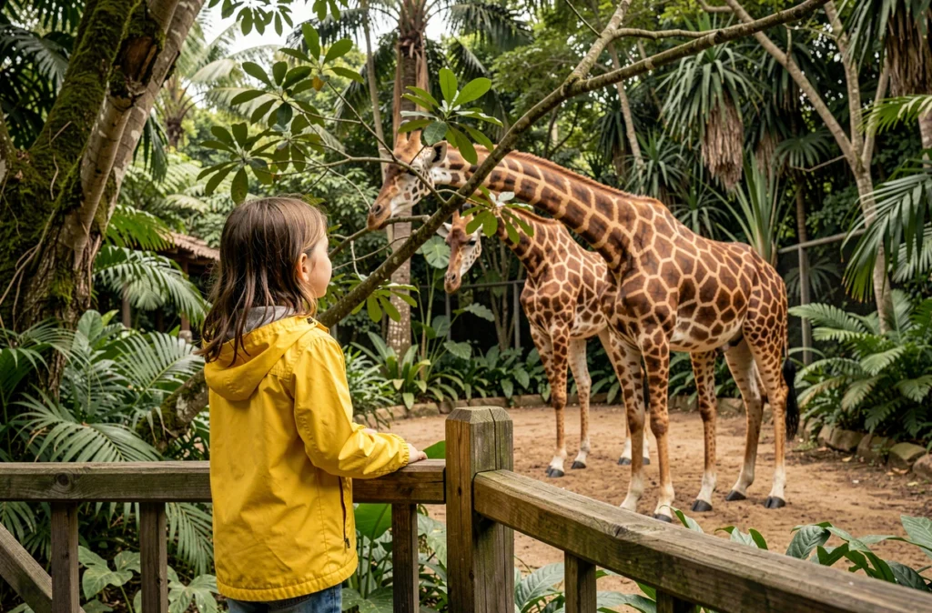 Enfant observant des girafes au Parc Animalier et Botanique de Branféré dans le Morbihan